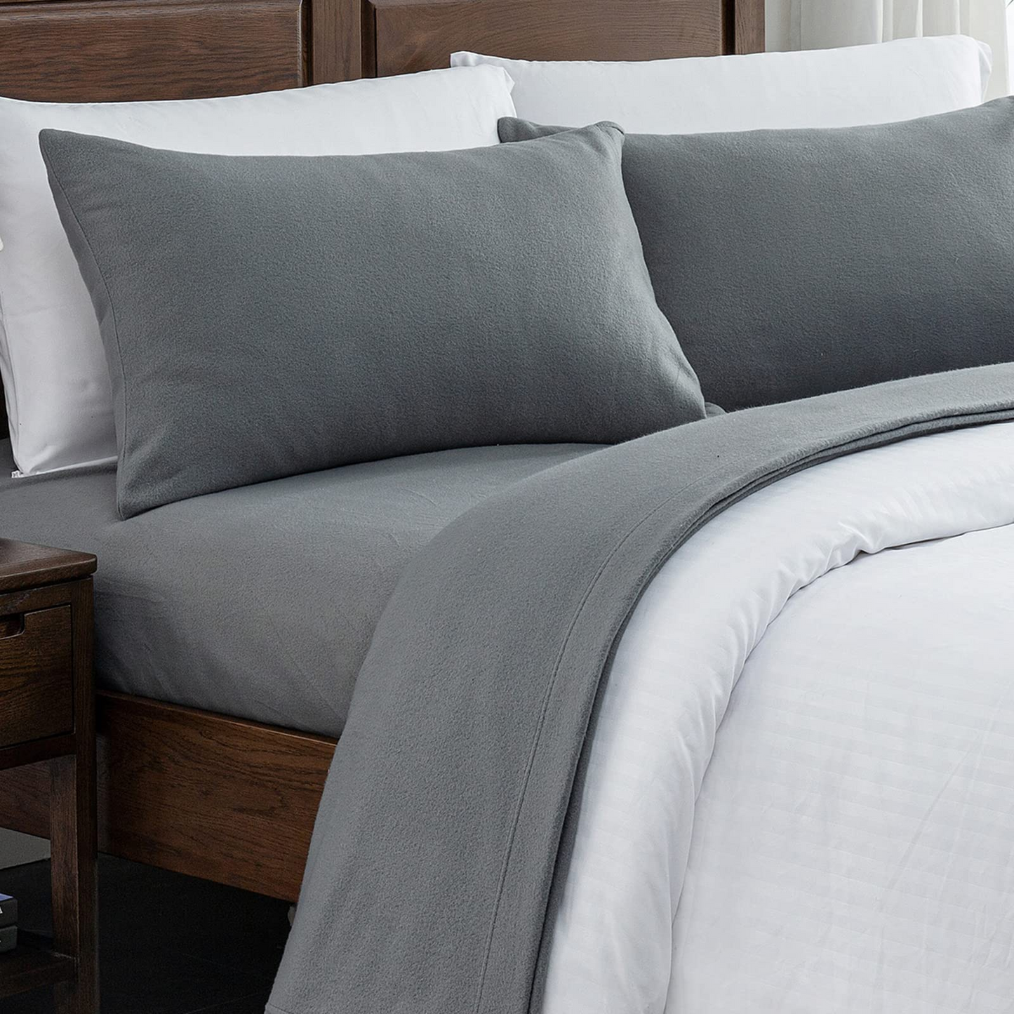 Fleece Twin Sheets Set 3-Piece Fuzzy Bed Sets with 16" Deep Pocket Fitted Sheet, Flat Sheet and Pillowcase,Dark Grey