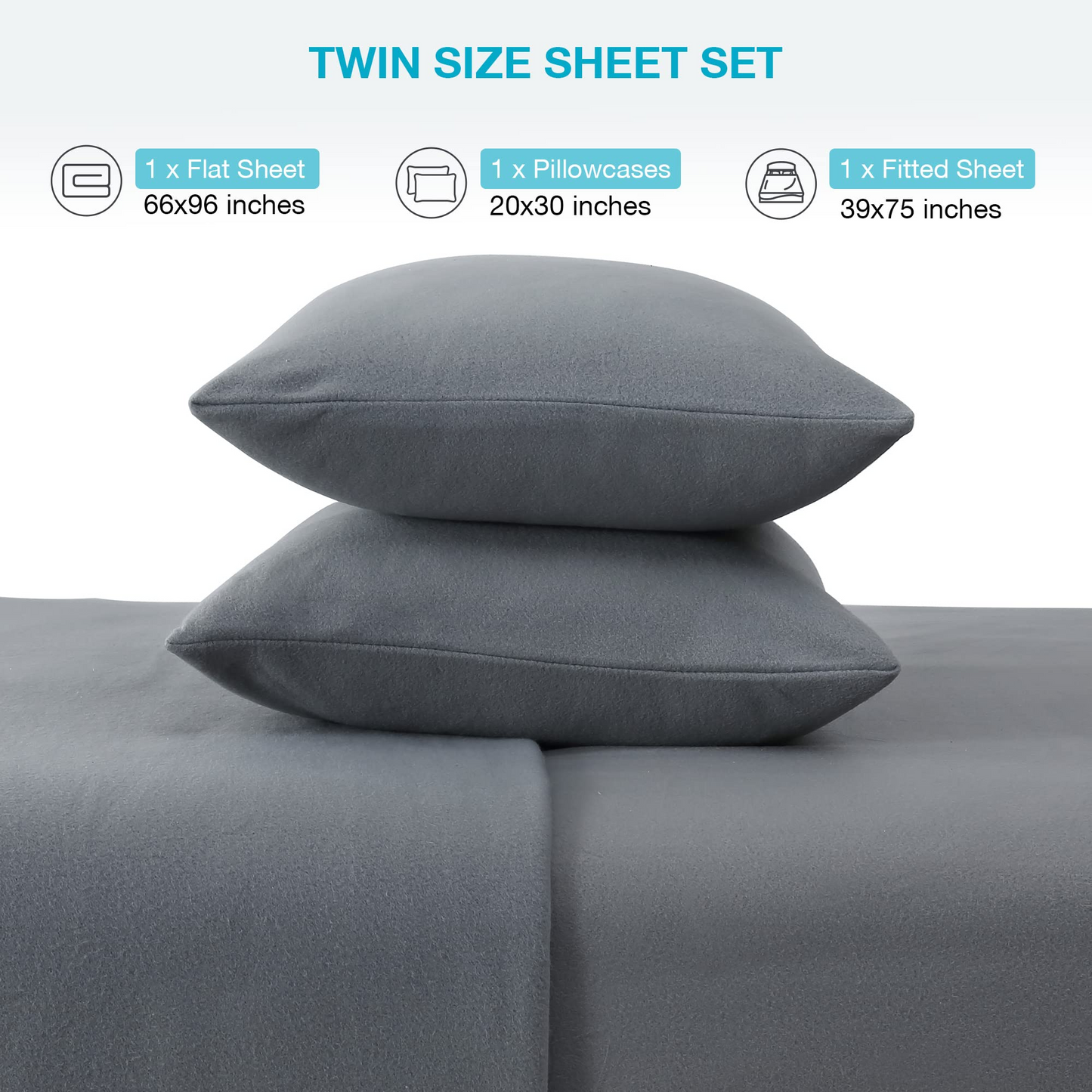 Fleece Twin Sheets Set 3-Piece Fuzzy Bed Sets with 16" Deep Pocket Fitted Sheet, Flat Sheet and Pillowcase,Dark Grey