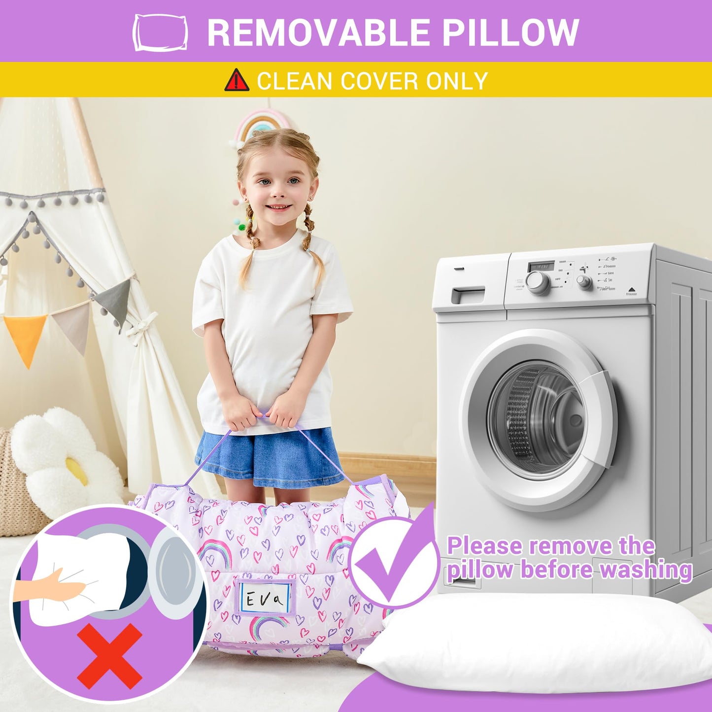 Purple Rainbow Toddler Nap Mat with Pillow and Blanket