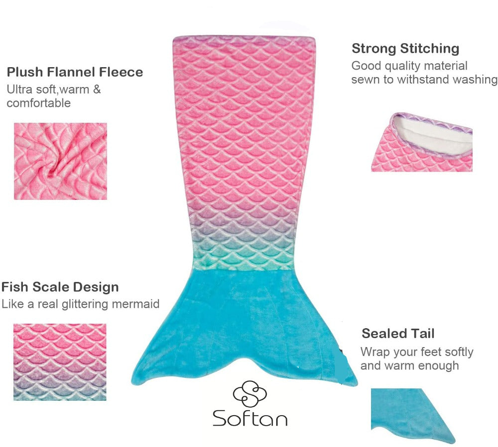 Softan Rainbow Mermaid Embossed Blue Tail Blanket both for Adults and Kids