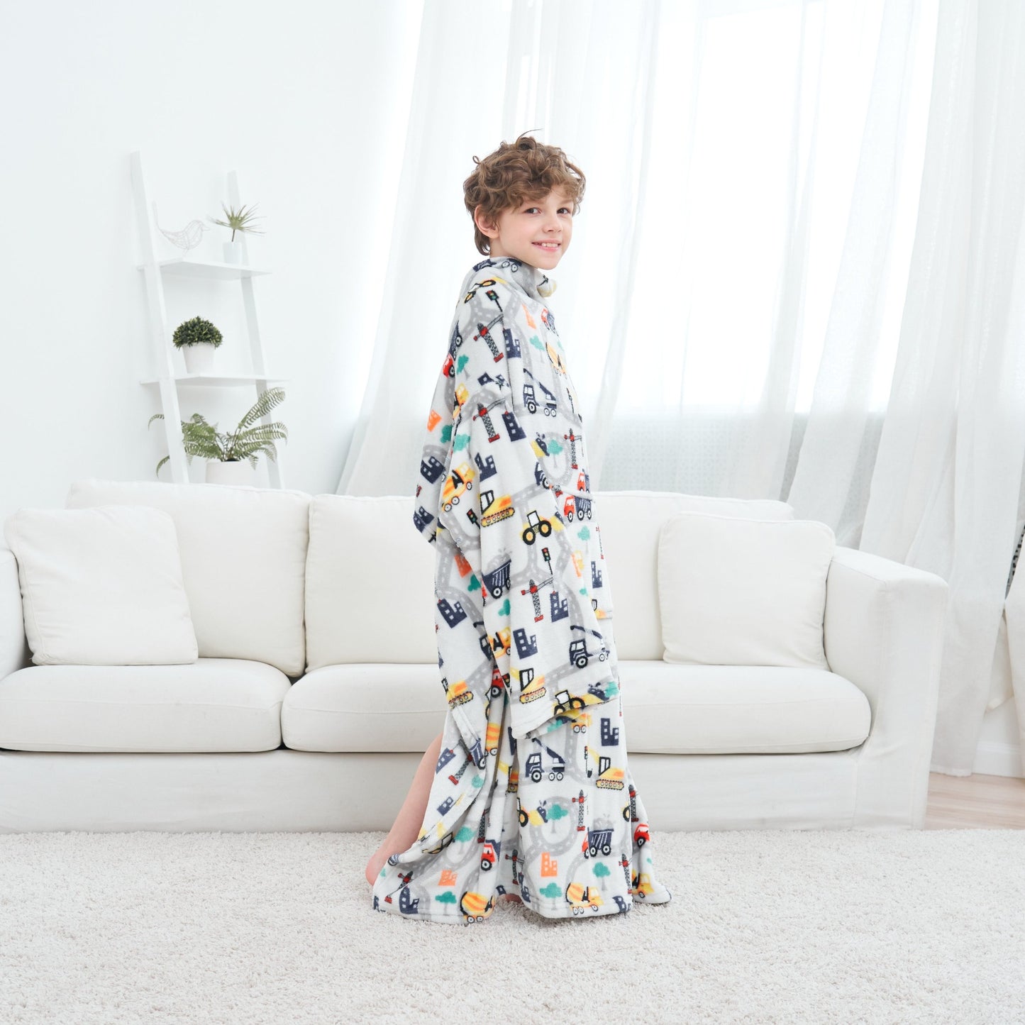 Wearable Construction Truck Fleece Blanket with Sleeves & Foot Pocket for Girls