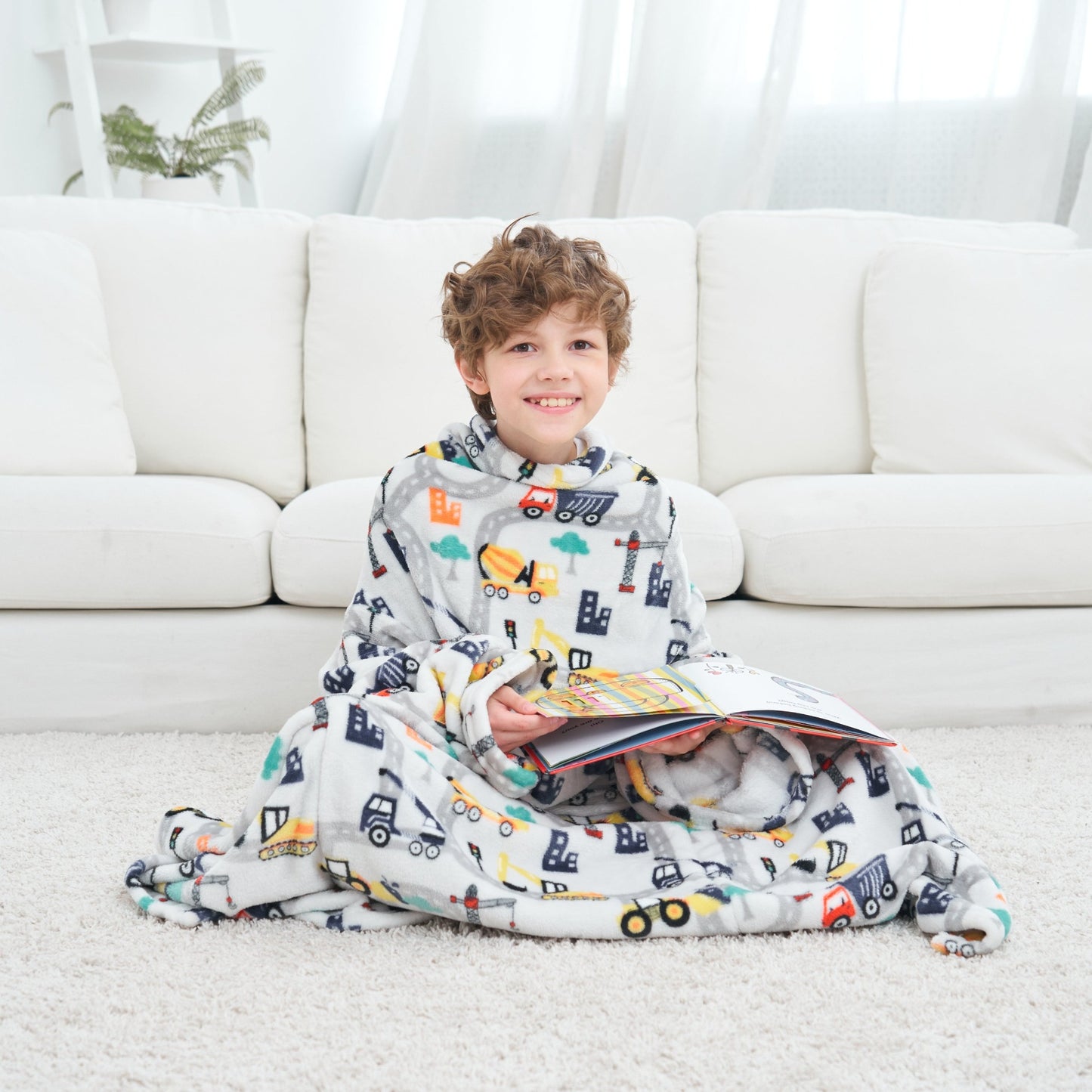Wearable Construction Truck Fleece Blanket with Sleeves & Foot Pocket for Girls