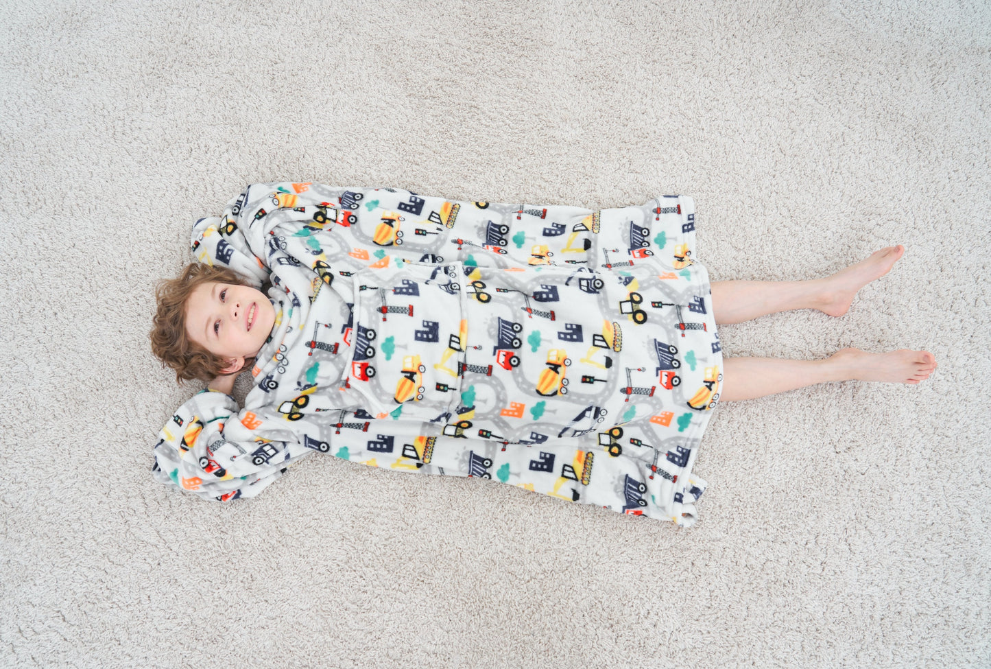 Wearable Construction Truck Fleece Blanket with Sleeves & Foot Pocket for Girls