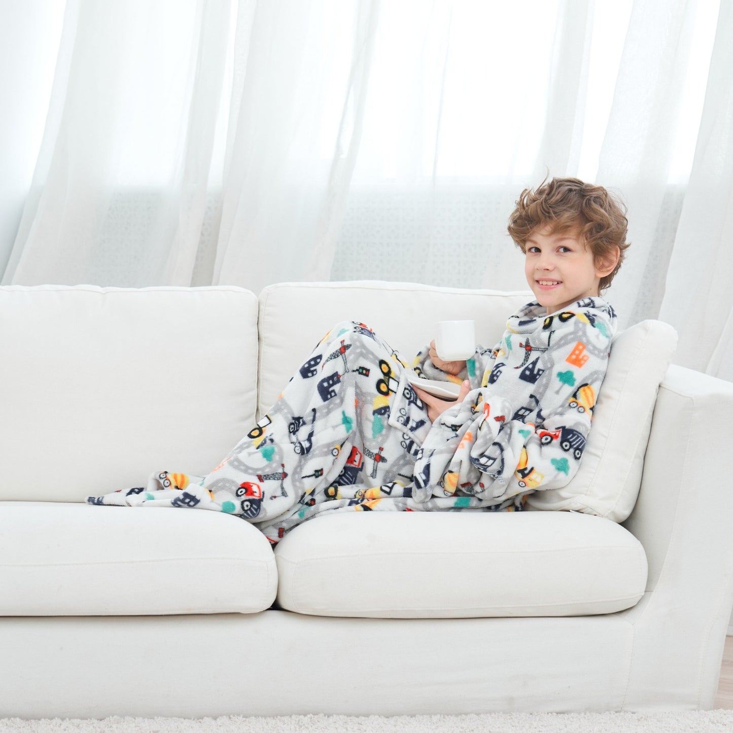 Wearable Construction Truck Fleece Blanket with Sleeves & Foot Pocket for Girls