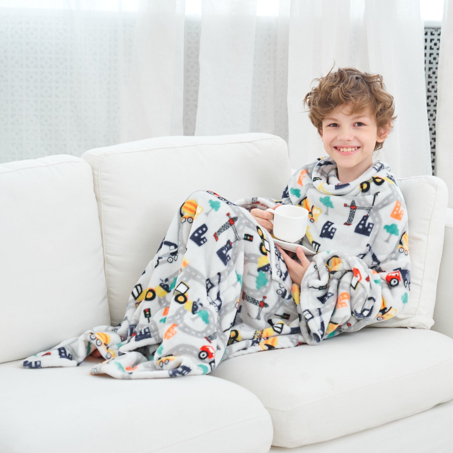 Wearable Construction Truck Fleece Blanket with Sleeves & Foot Pocket for Girls