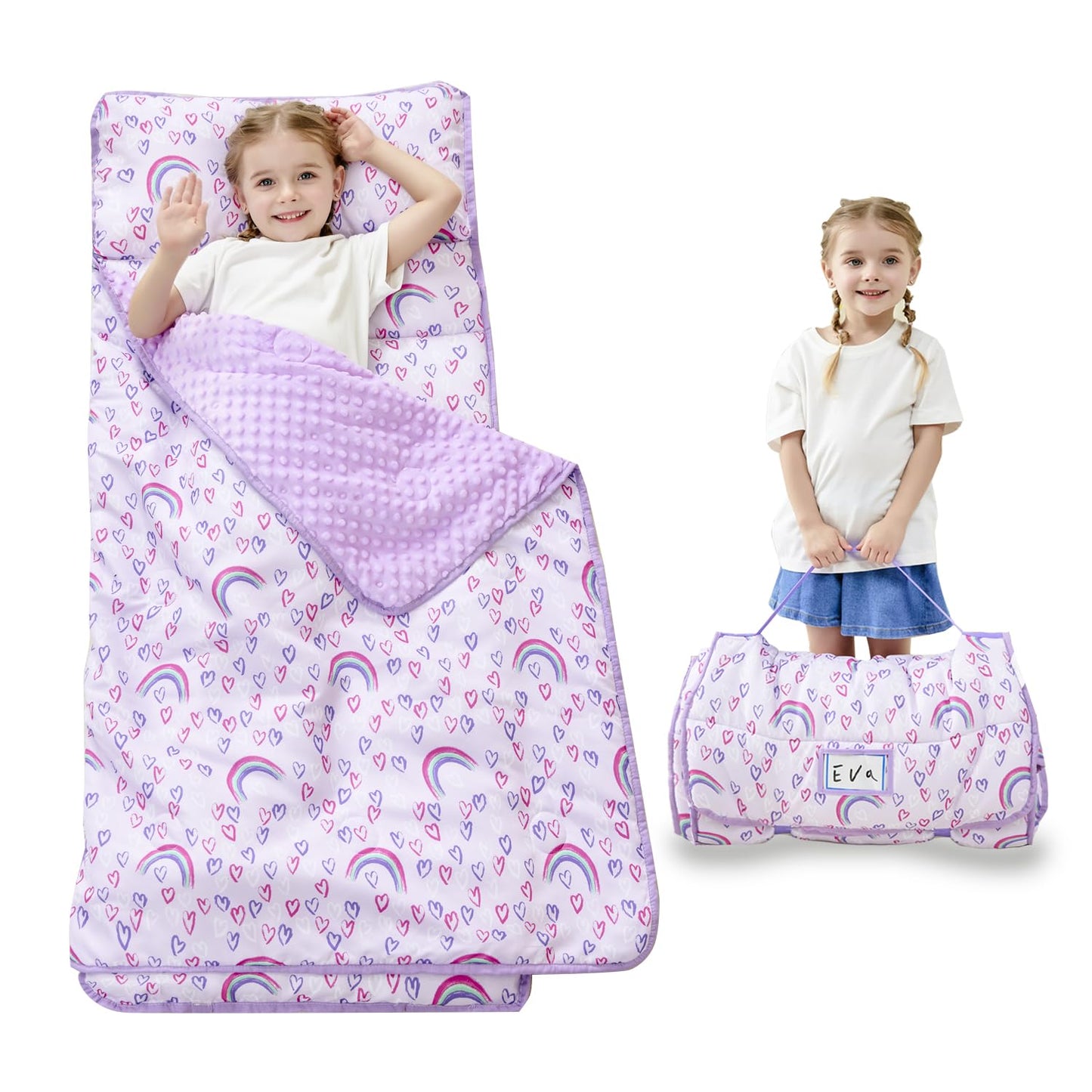 Purple Rainbow Toddler Nap Mat with Pillow and Blanket