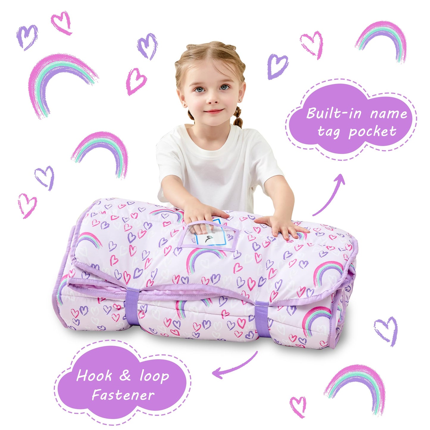 Purple Rainbow Toddler Nap Mat with Pillow and Blanket