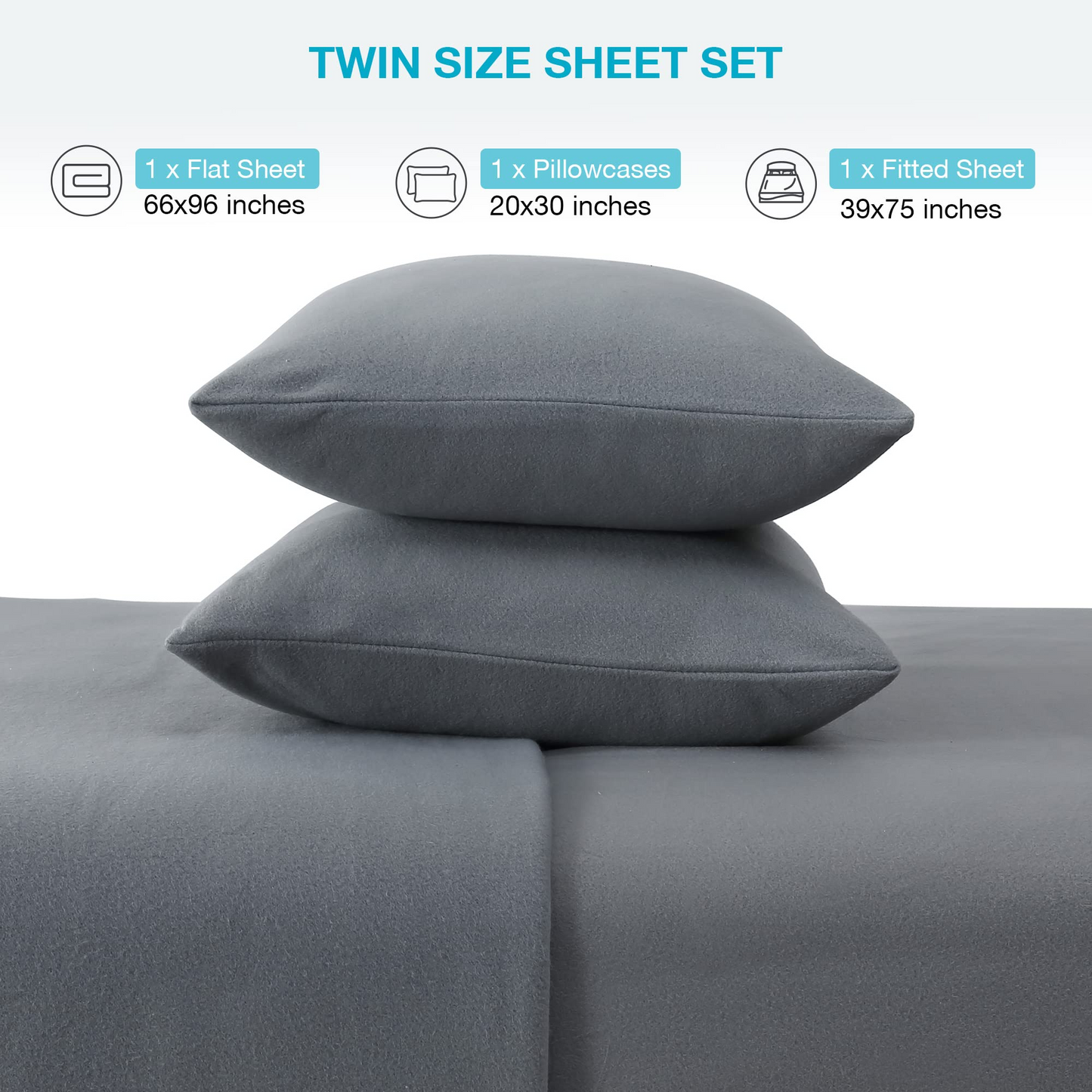 Fleece Twin Sheets Set 3-Piece Fuzzy Bed Sets with 16" Deep Pocket Fitted Sheet, Flat Sheet and Pillowcase，Dark Grey