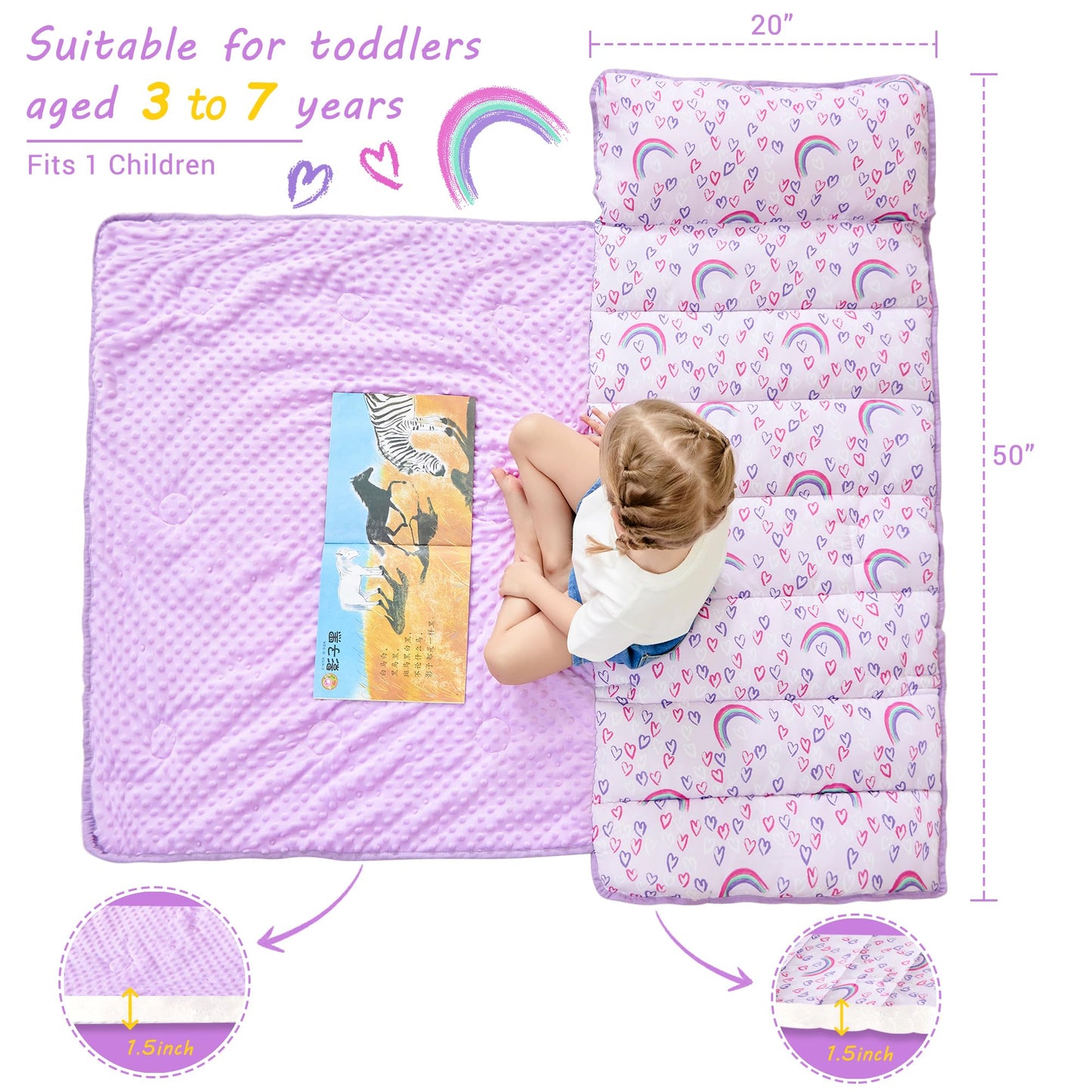 Purple Rainbow Toddler Nap Mat with Pillow and Blanket