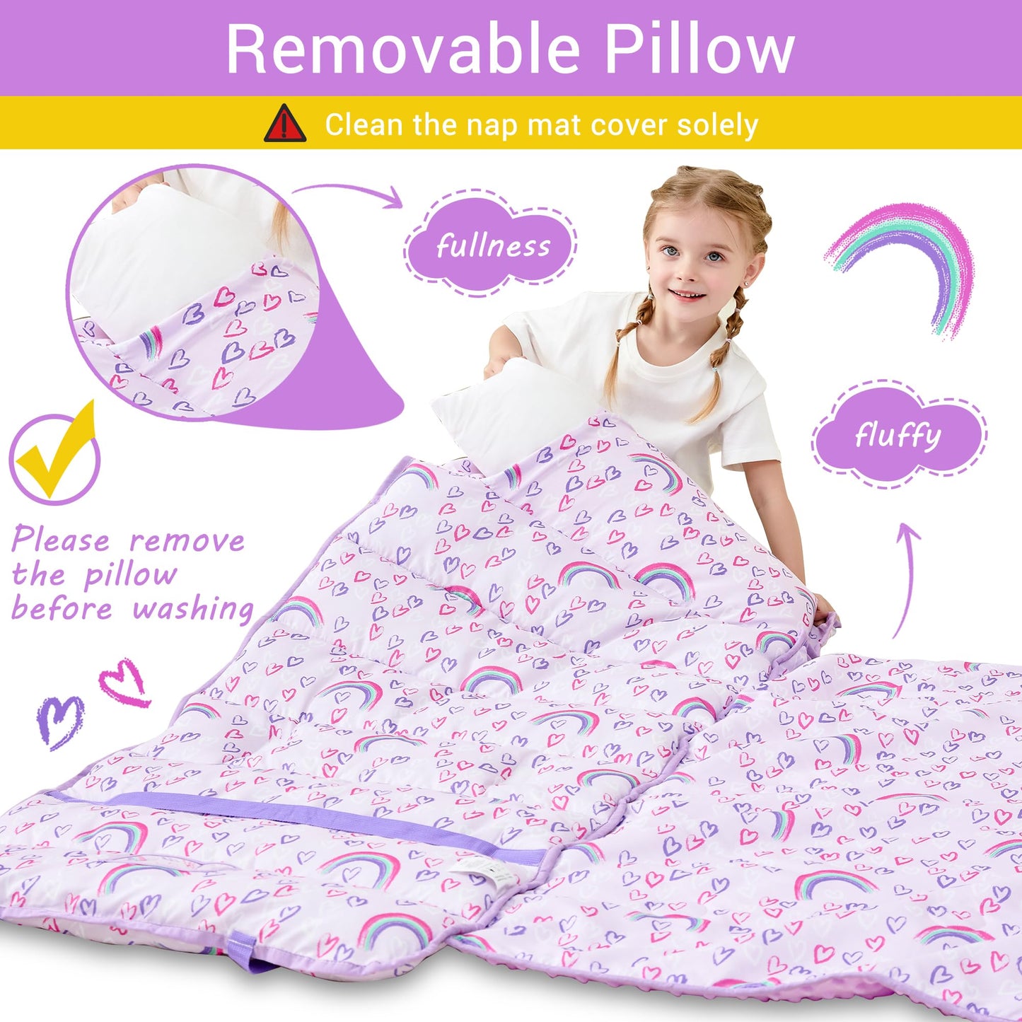 Purple Rainbow Toddler Nap Mat with Pillow and Blanket