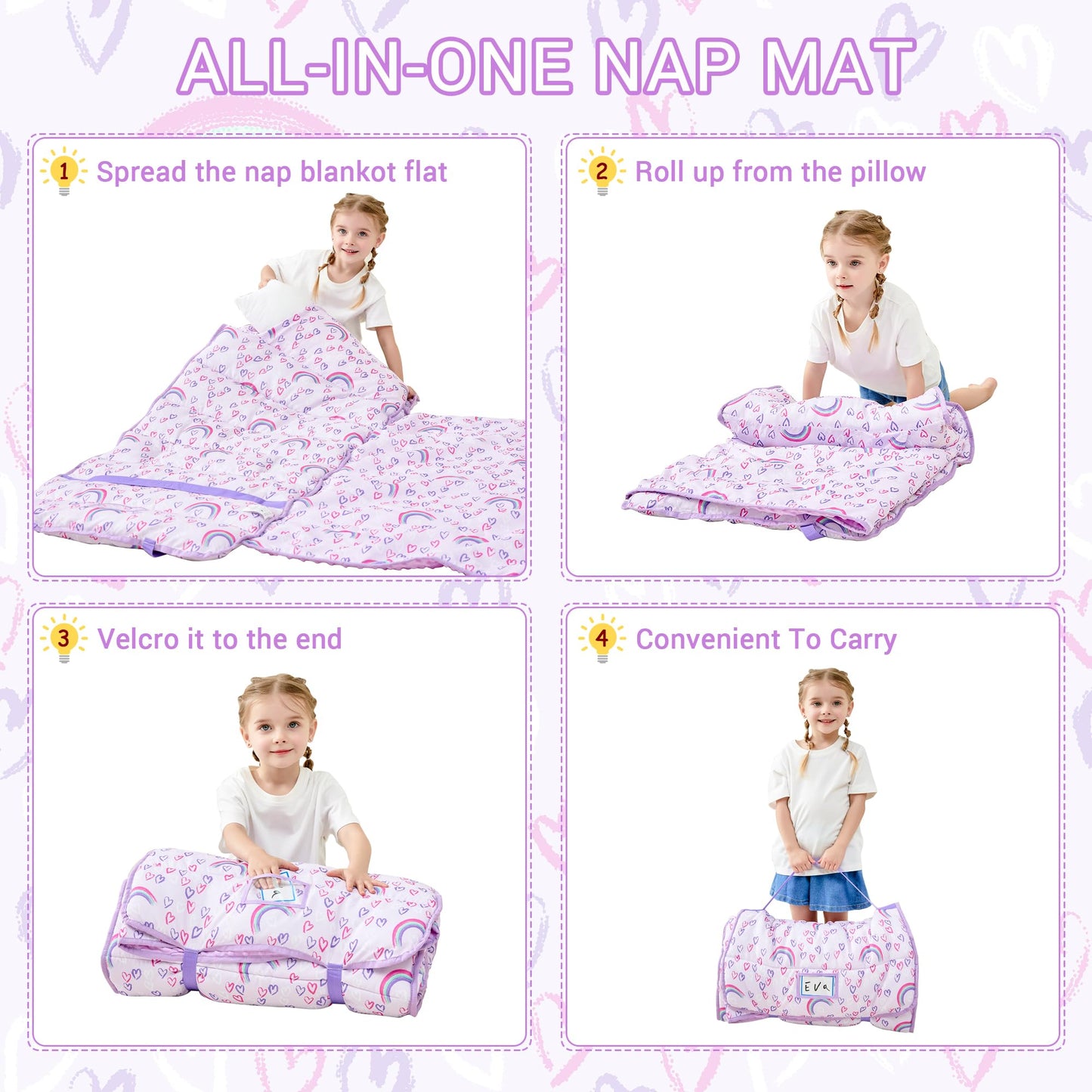 Purple Rainbow Toddler Nap Mat with Pillow and Blanket