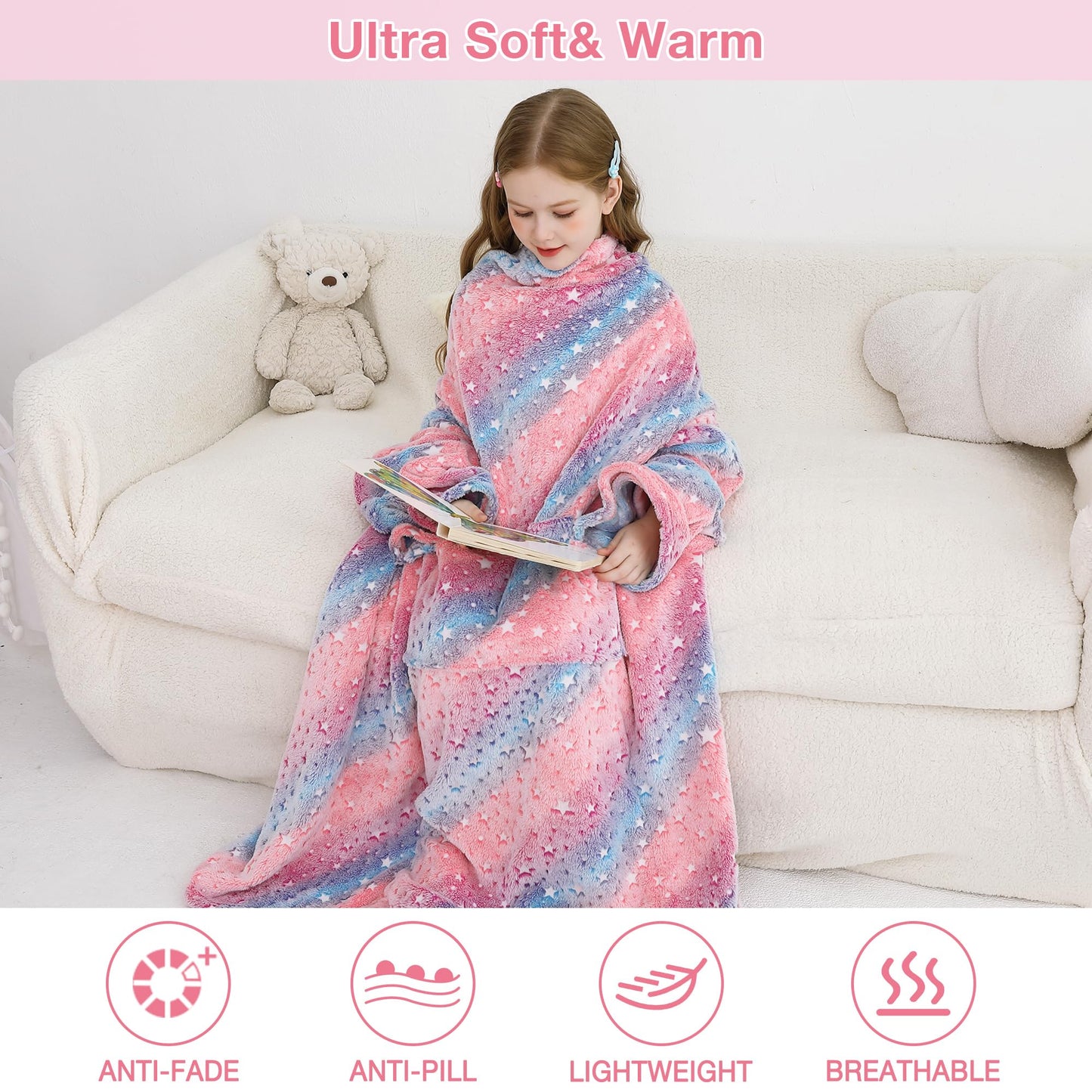 Star Kids Wearable Fleece Blanket with Sleeves & Foot Pocket