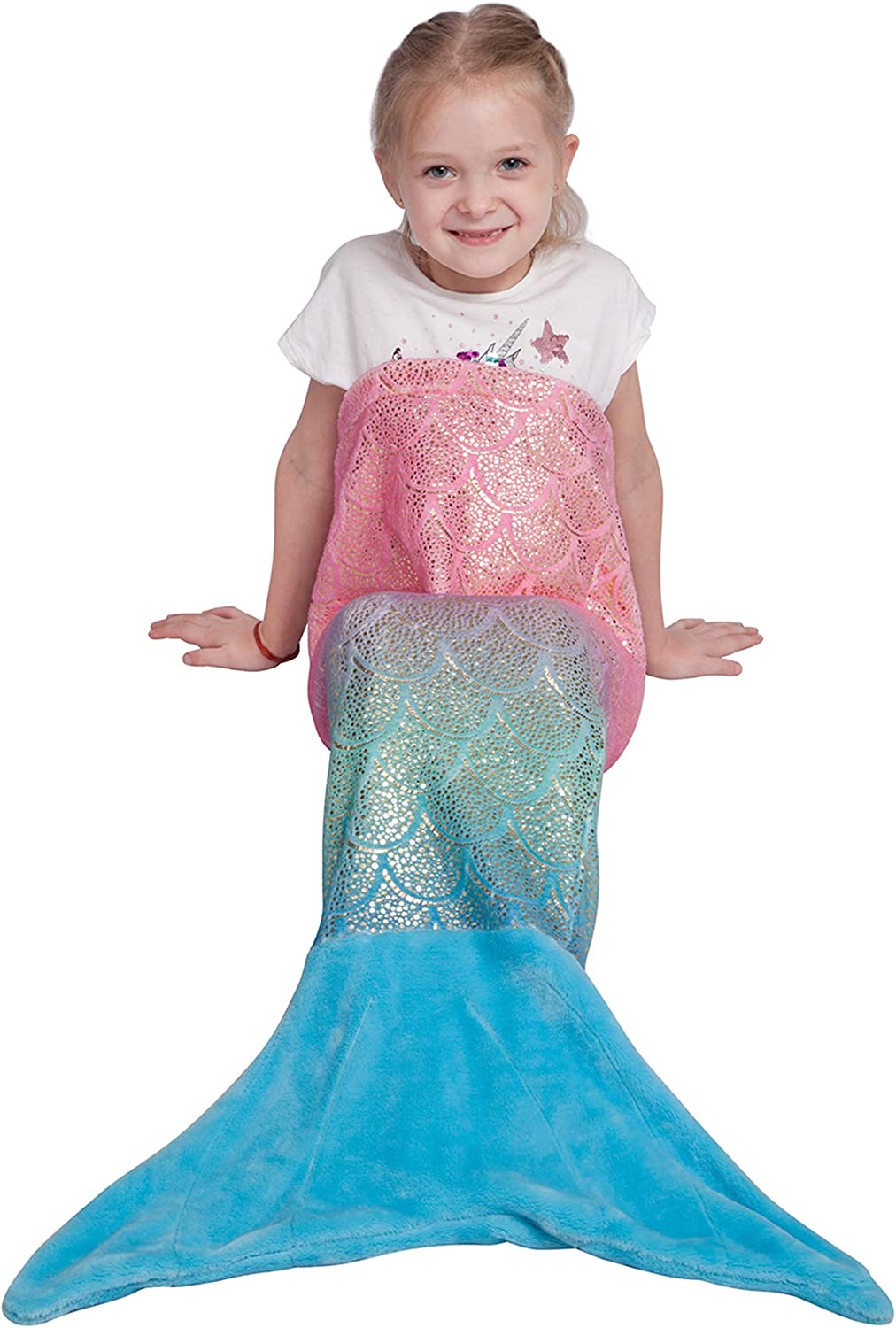 Rainbow Mermaid Embossed Blue Tail Blanket Both for Adults and