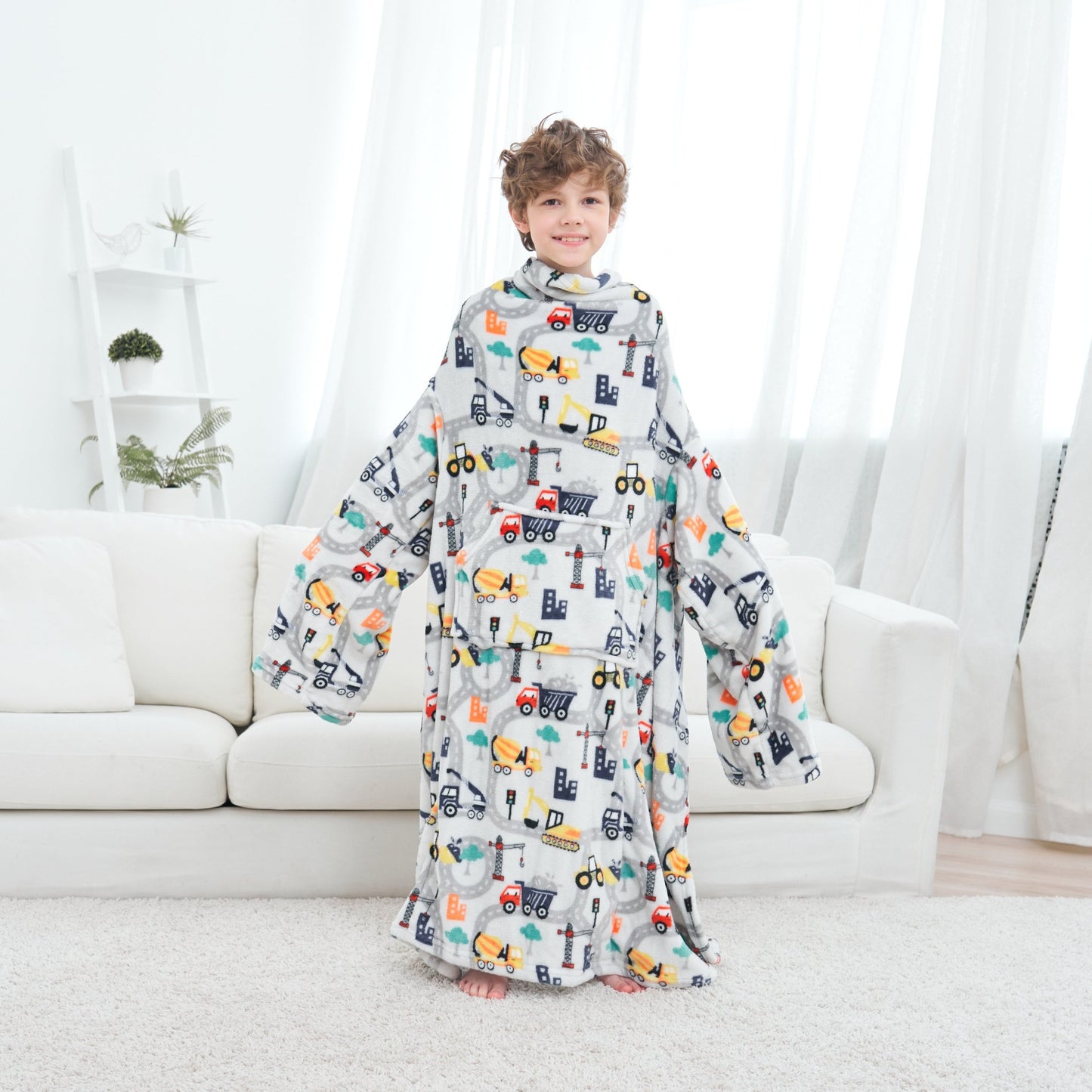 Wearable Construction Truck Fleece Blanket with Sleeves & Foot Pocket for Girls